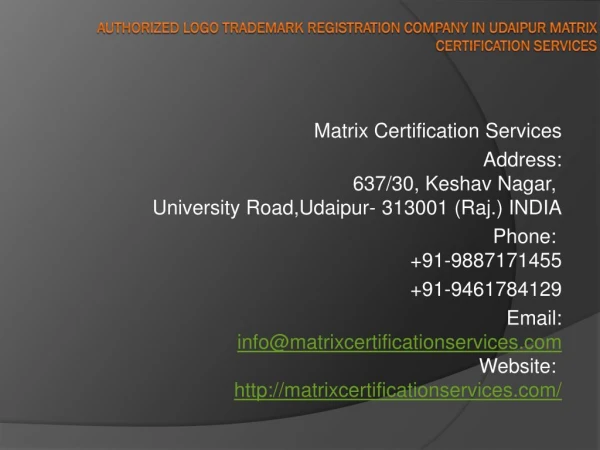 Authorized Logo Trademark Registration Company in Udaipur Matrix Certification Services