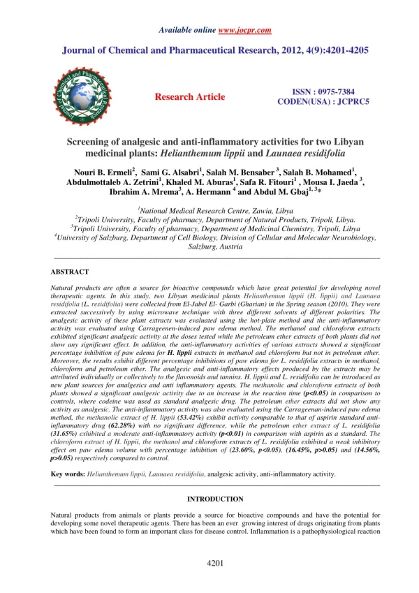 Screening of analgesic and anti-inflammatory activities for two Libyan medicinal plants: Helianthemum lippii and Launaea