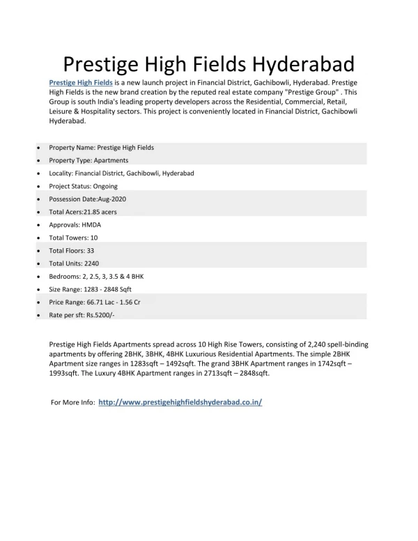 Prestige High Fields Gachibowli Hyderabad