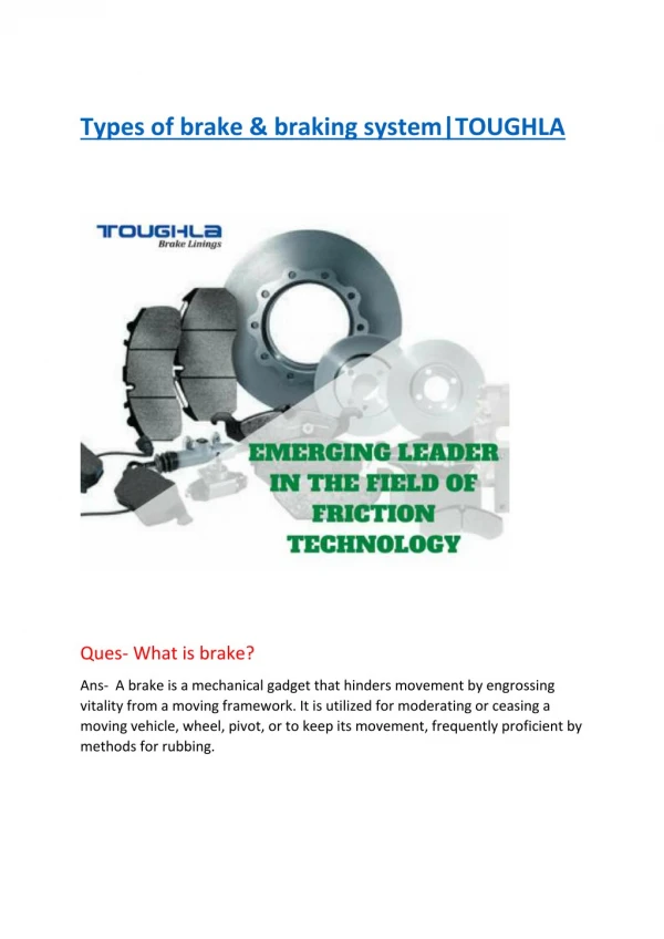 Types of brake & braking system|TOUGHLA