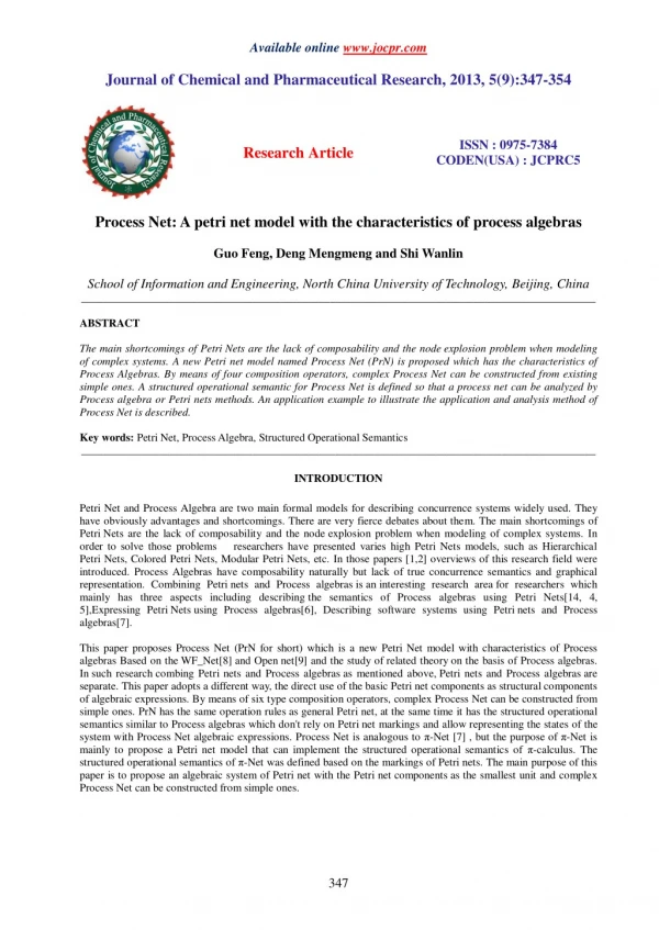 Process Net: A petri net model with the characteristics of process algebras