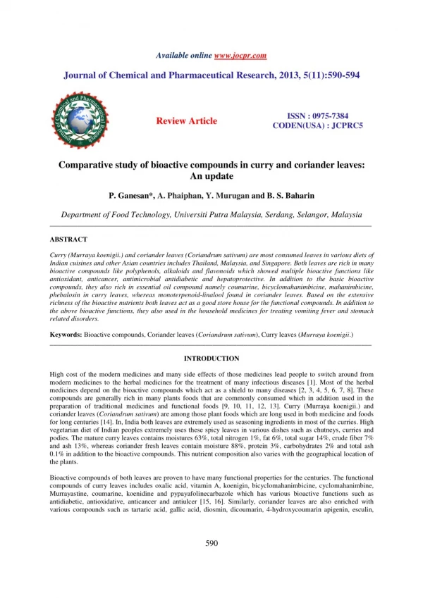 Comparative study of bioactive compounds in curry and coriander leaves: An update