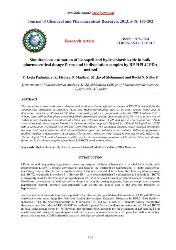 Simultaneous estimation of lisinopril and hydrochlorthiazide in bulk, pharmaceutical dosage forms and in dissolution sam