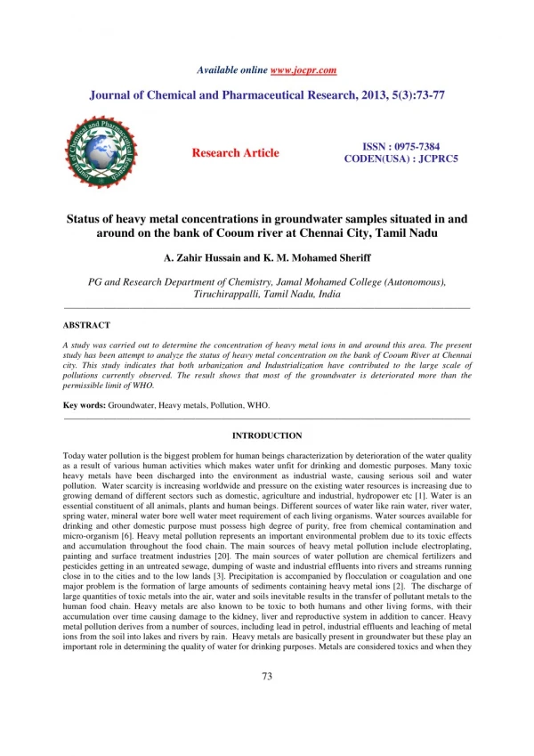 Status of heavy metal concentrations in groundwater samples situated in and around on the bank of Cooum river at Chennai