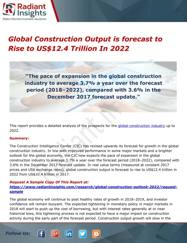 Global Construction Output is forecast to Rise to US$12.4 Trillion In 2022