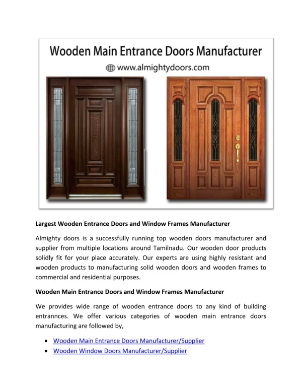 Largest Wooden Entrance Doors and Window Frames Manufacturer
