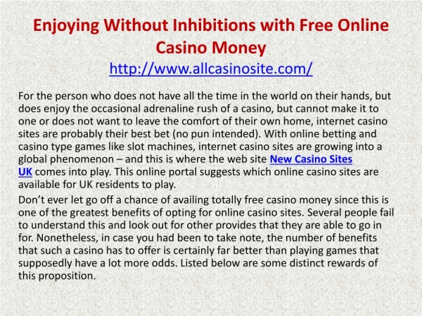 Enjoying Without Inhibitions with Free Online Casino Money