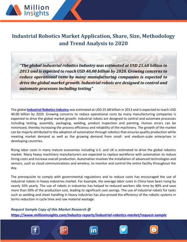 Industrial Robotics Market Application, Share, Size, Methodology and Trend Analysis to 2020