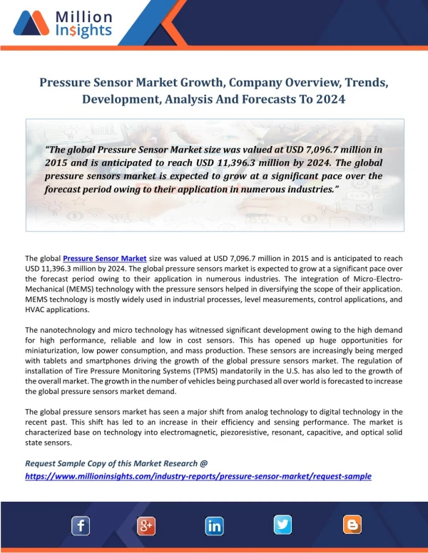 Pressure Sensor Market Growth, Company Overview, Trends, Development, Analysis And Forecasts To 2024
