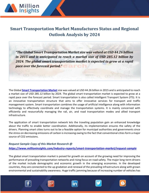 Smart Transportation Market Manufactures Status and Regional Outlook Analysis by 2024