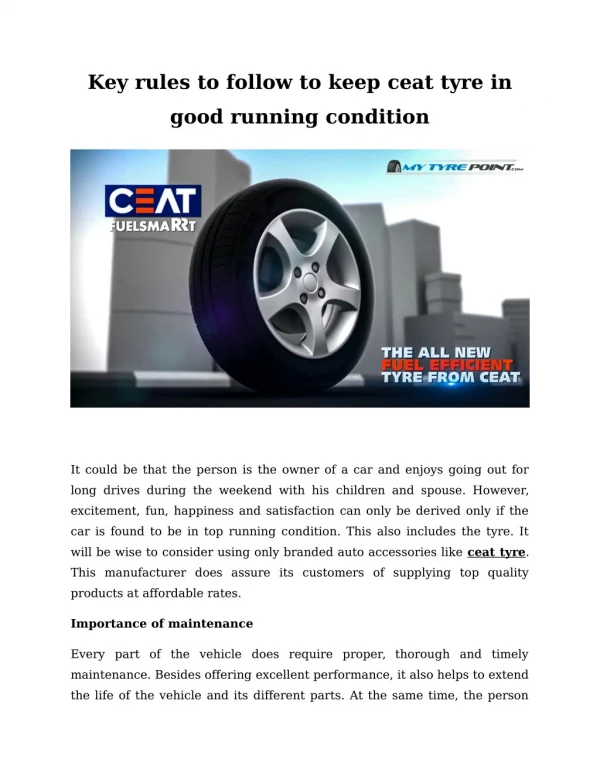 Key rules to follow to keep ceat tyre in good running condition