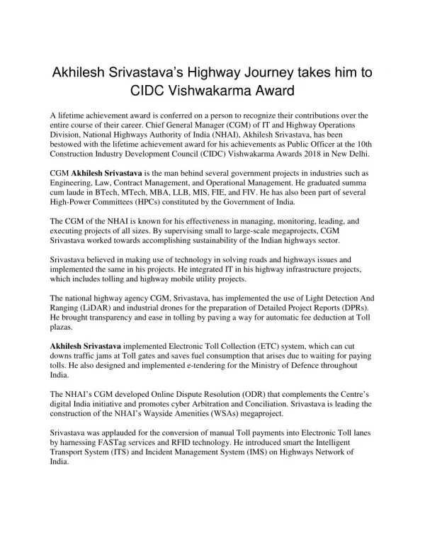 Akhilesh Srivastava’s Highway Journey takes him to CIDC Vishwakarma Award