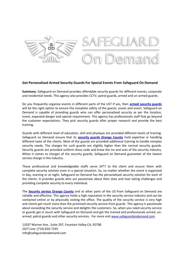 Get Personalised Armed Security Guards For Special Events From Safeguard On Demand
