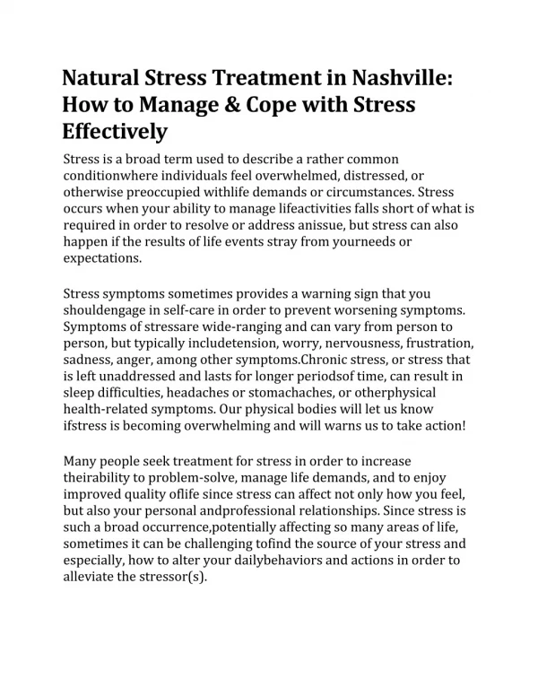 Natural Stress Treatment in Nashville: How to Manage & Cope with Stress Effectively