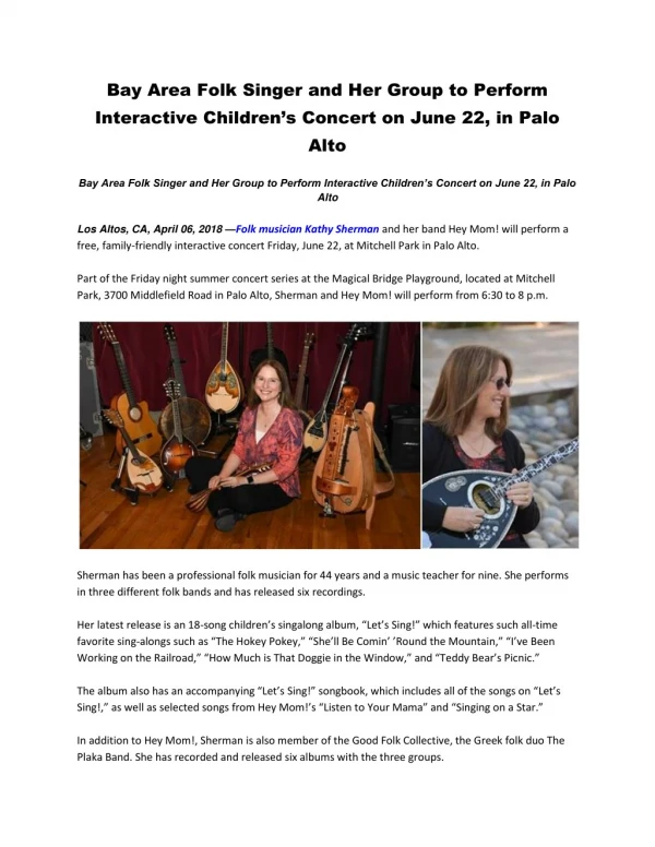 Bay Area Folk Singer and Her Group to Perform Interactive Children’s Concert on June 22, in Palo Alto