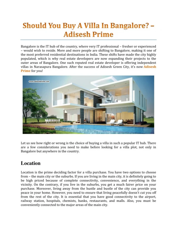 Should You Buy A Villa In Bangalore? â€“ Adisesh Prime