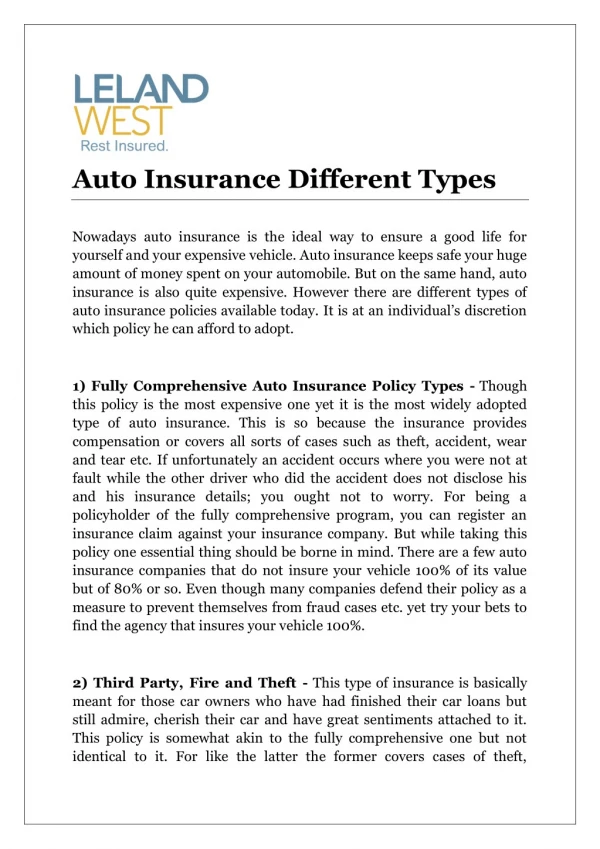 Auto Insurance Different Types