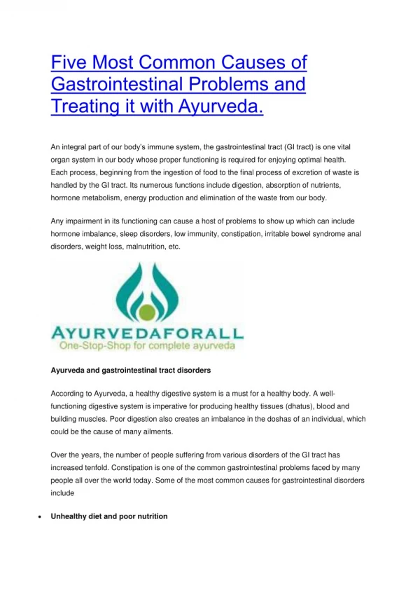 Five Most Common Causes of Gastrointestinal Problems and Treating it with Ayurveda.
