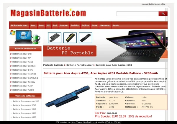 Batterie pour Acer Aspire 4251, Acer Aspire 4251 Portable Batterie