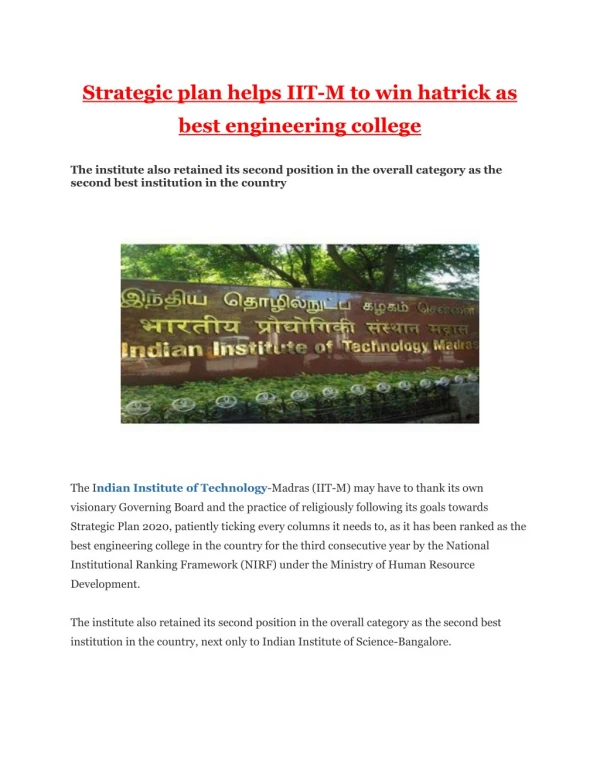 Strategic plan helps IIT-M to win hatrick as best engineering college