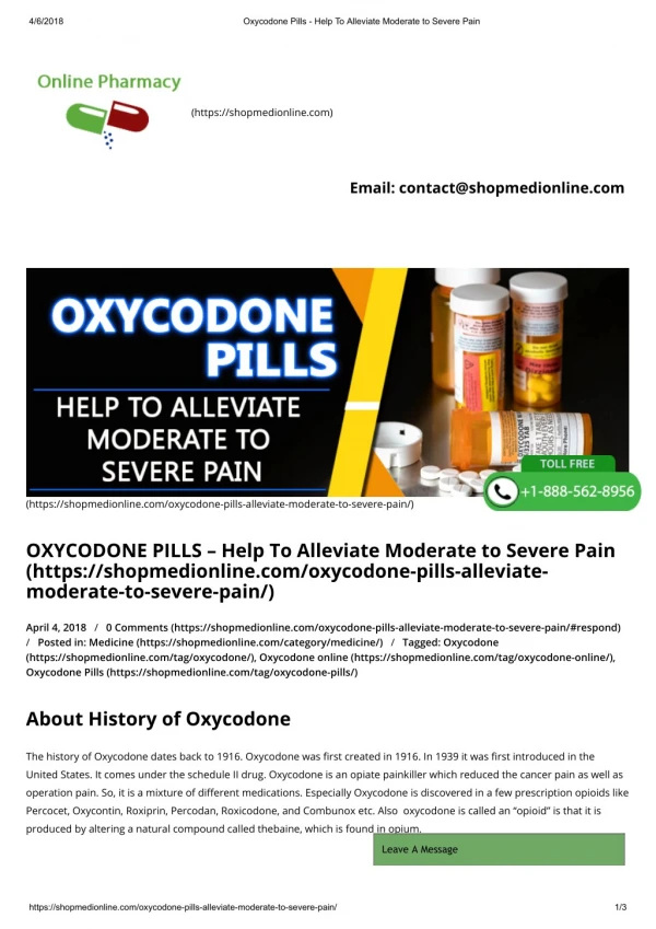Oxycodone Pills - Help To Alleviate Moderate to Severe Pain