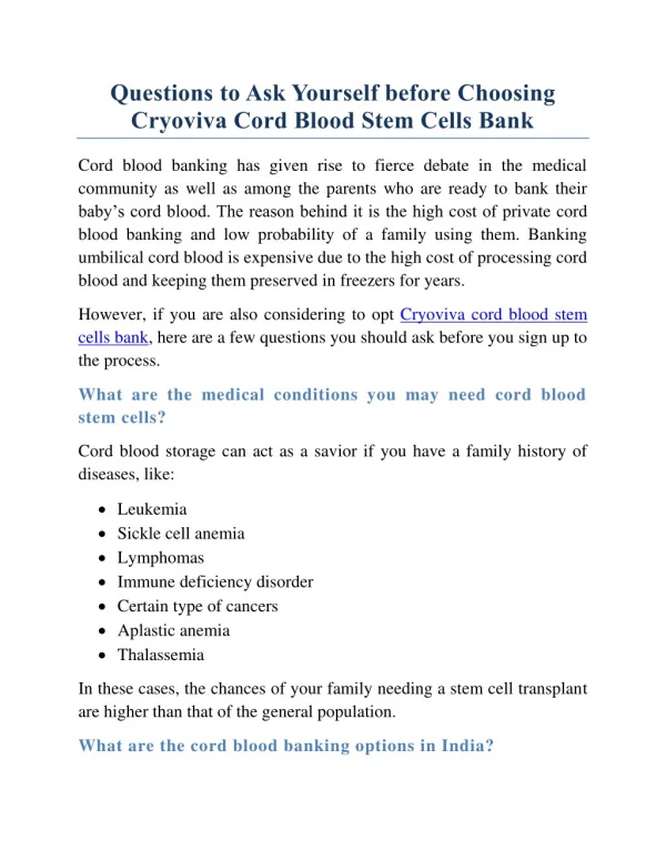 Questions to Ask Yourself before Choosing Cryoviva Cord Blood Stem Cells Bank