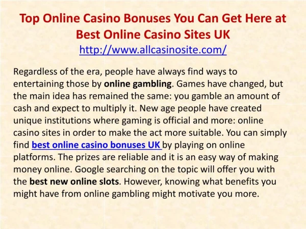 Top Online Casino Bonuses You Can Get Here at Best Online Casino Sites UK