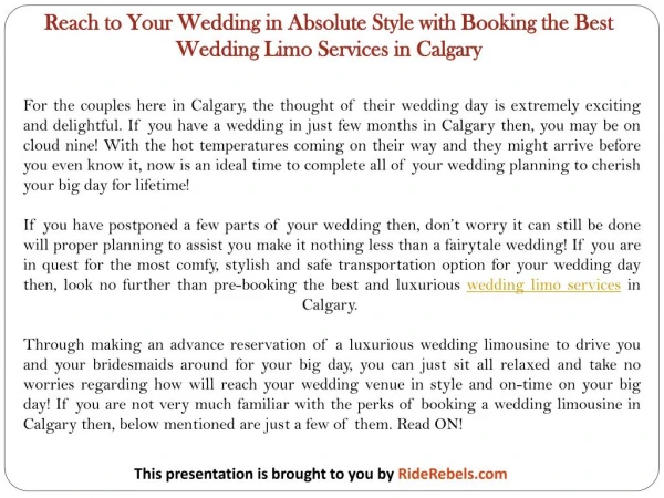 Reach to Your Wedding in Absolute Style with Booking the Best Wedding Limo Services in Calgary