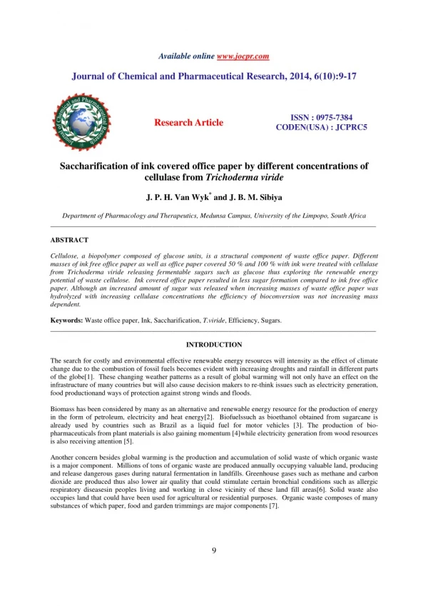 Saccharification of ink covered office paper by different concentrations of cellulase from Trichoderma viride