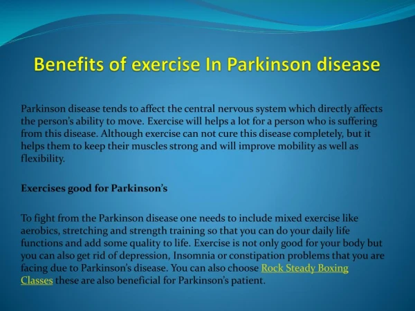 Benefits of exercise In Parkinson disease