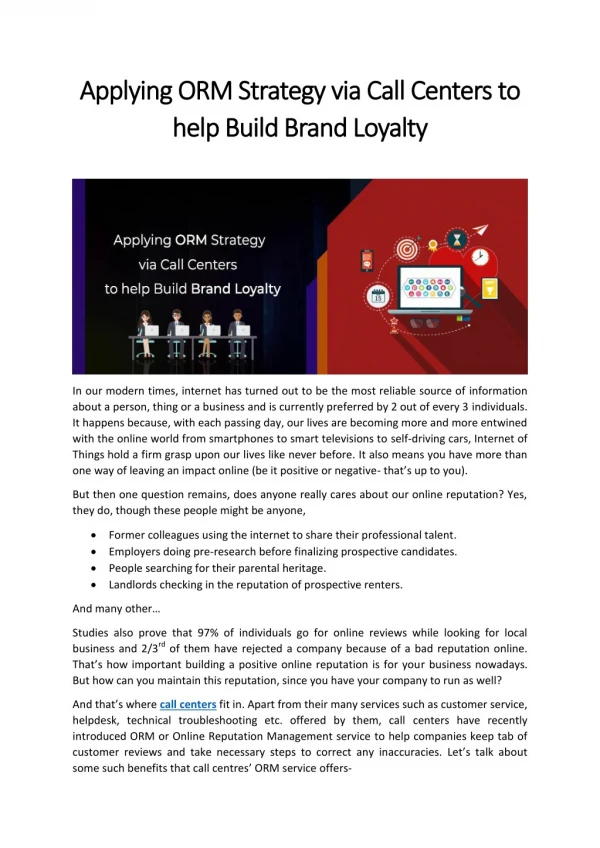 Applying ORM Strategy via Call Centers to help Build Brand Loyalty