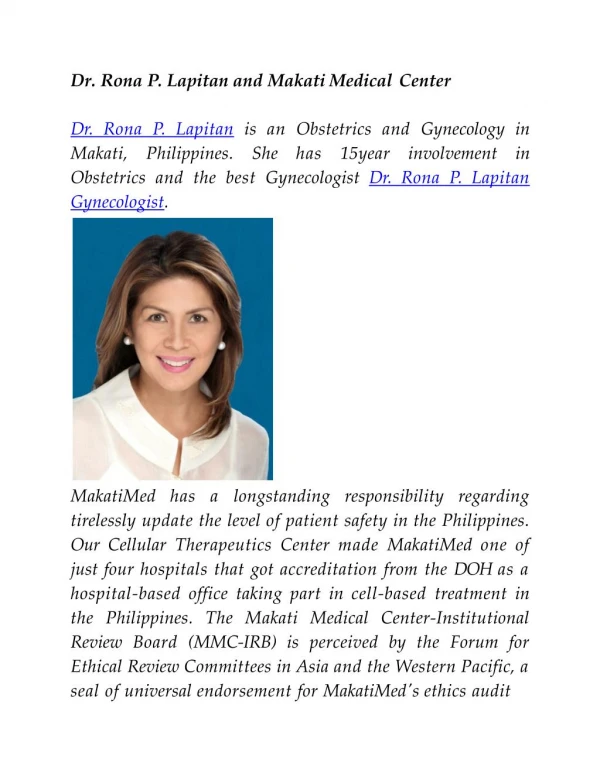 Dr. Rona P. Lapitan and Makati Medical Center