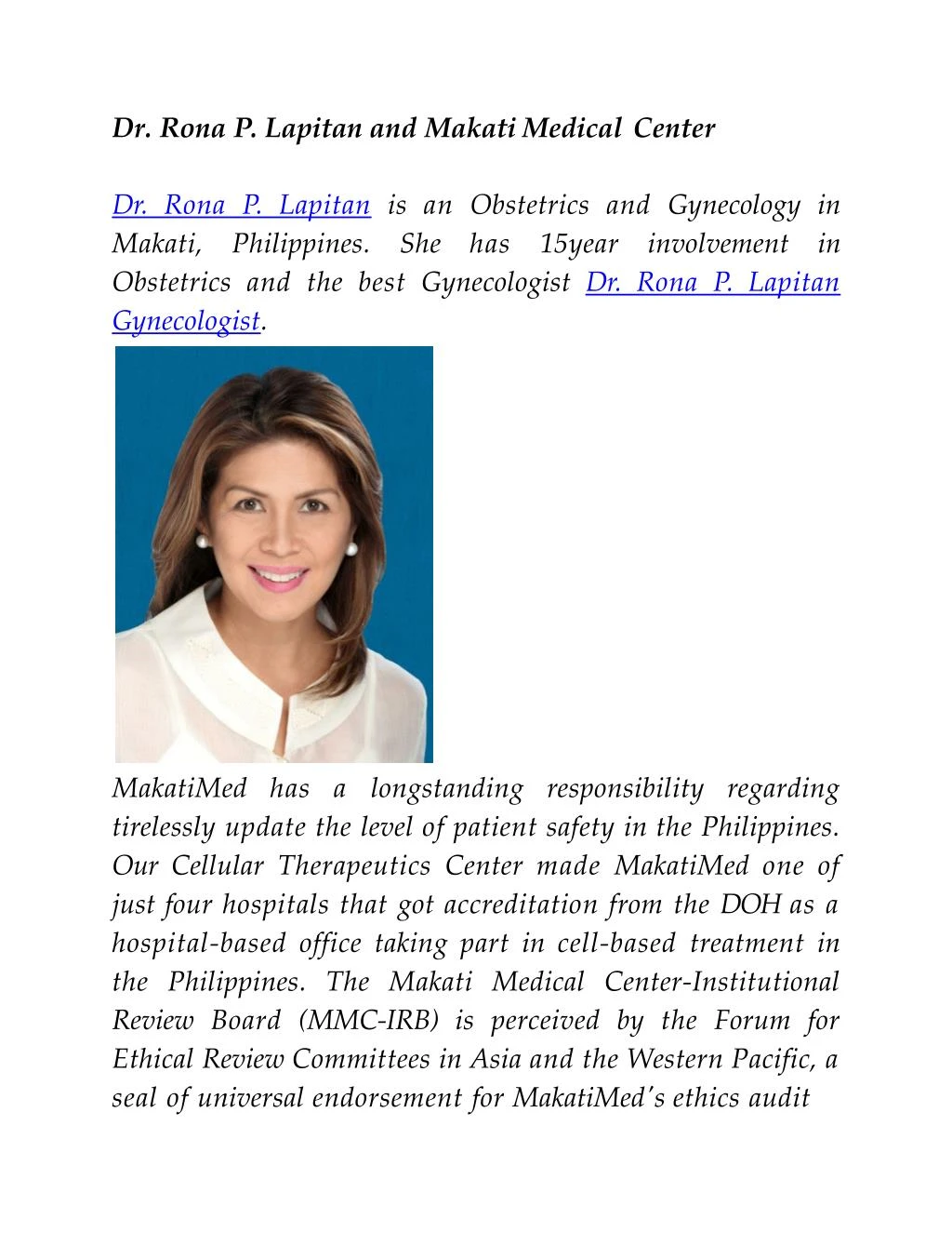 dr rona p lapitan and makati medical center