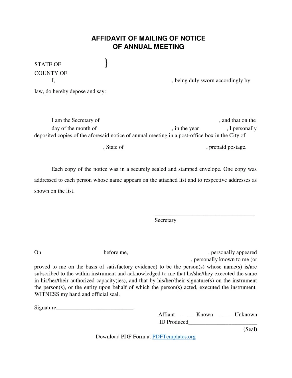 affidavit of mailing of notice of annual meeting