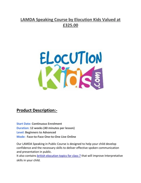 LAMDA Speaking Course by Elocution Kids Valued at £325.00