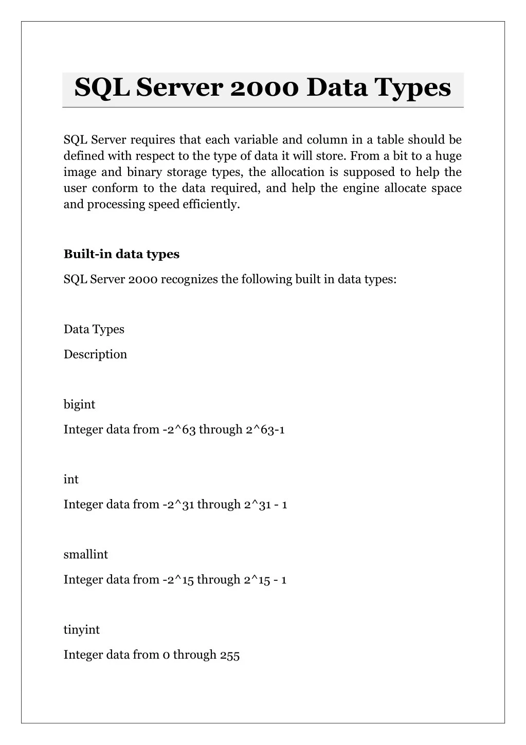 sql server 2000 data types
