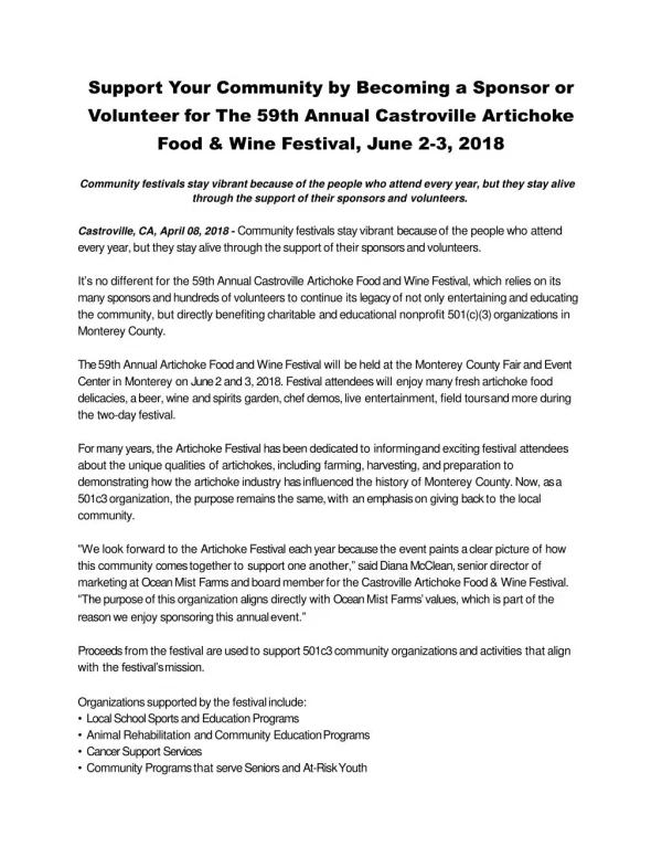 Support Your Community by Becoming a Sponsor or Volunteer for The 59th Annual Castroville Artichoke Food & Wine Festival