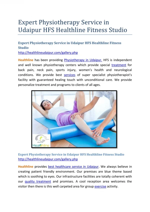 Expert Physiotherapy Service in Udaipur HFS Healthline Fitness Studio