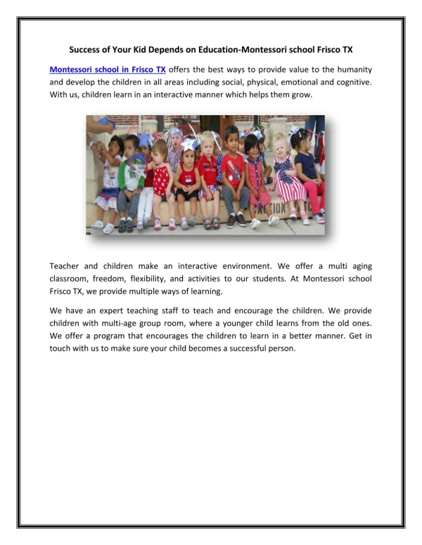 Success of Your Kid Depends on Education-Montessori school Frisco TX