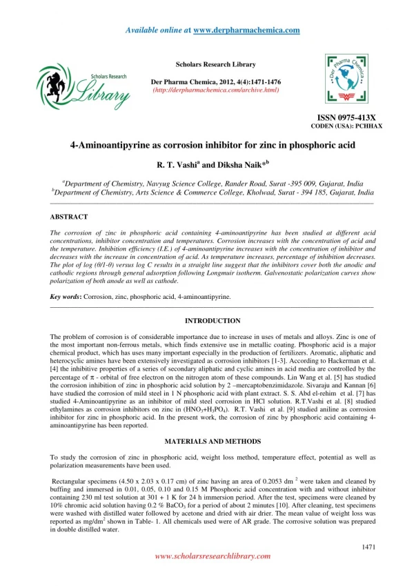 4-Aminoantipyrine as corrosion inhibitor for zinc in phosphoric acid