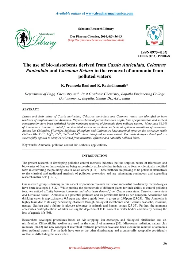 The use of bio-adsorbents derived from Cassia Auriculata, Celastrus Paniculata and Carmona Retusa in the removal of ammo