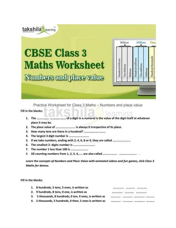 Practice Worksheet for Class 3 Maths - Numbers and place value