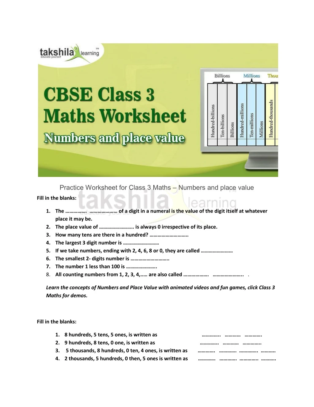 practice worksheet for class 3 maths numbers