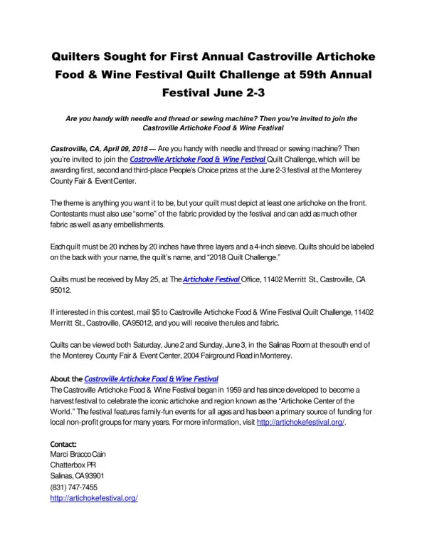 Quilters Sought for First Annual Castroville Artichoke Food & Wine Festival Quilt Challenge at 59th Annual Festival June