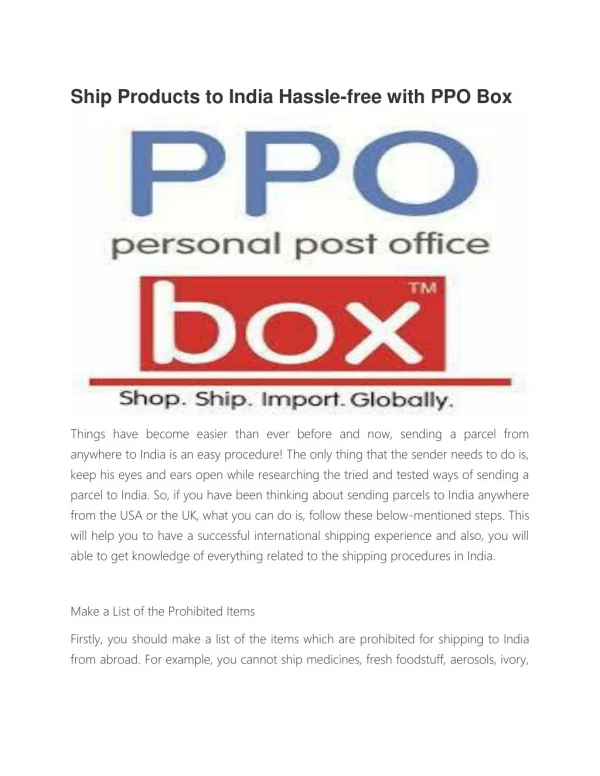 Ship Products to India Hassle-free with PPO Box