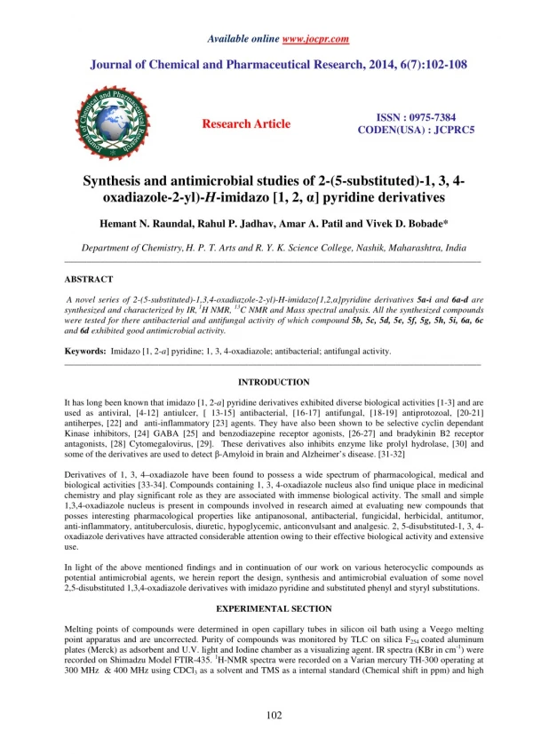 Synthesis and antimicrobial studies of 2-(5-substituted)-1, 3, 4- oxadiazole-2-yl)-H-imidazo [1, 2, α] pyridine derivat