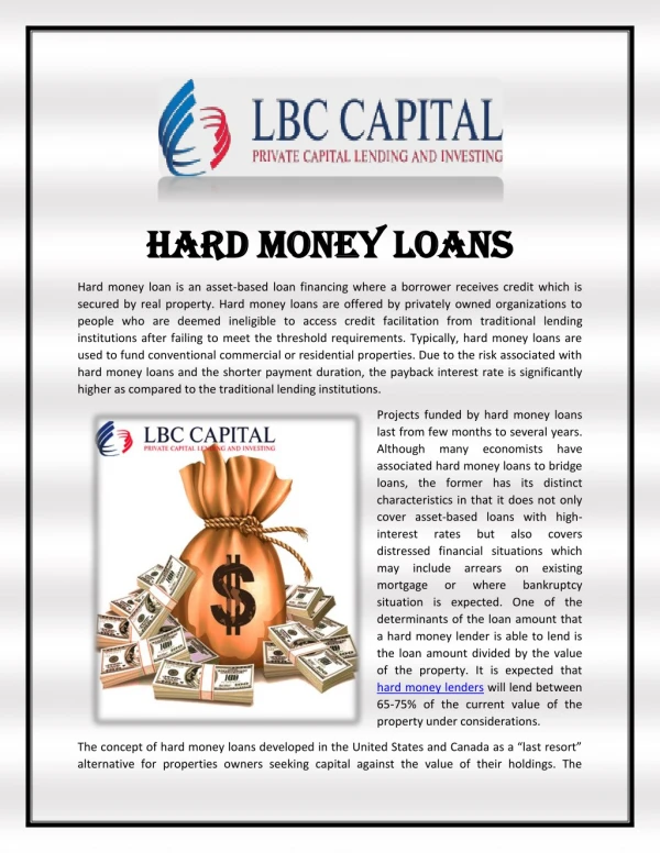 Hard Money Loans - Asset Based Loan Finance