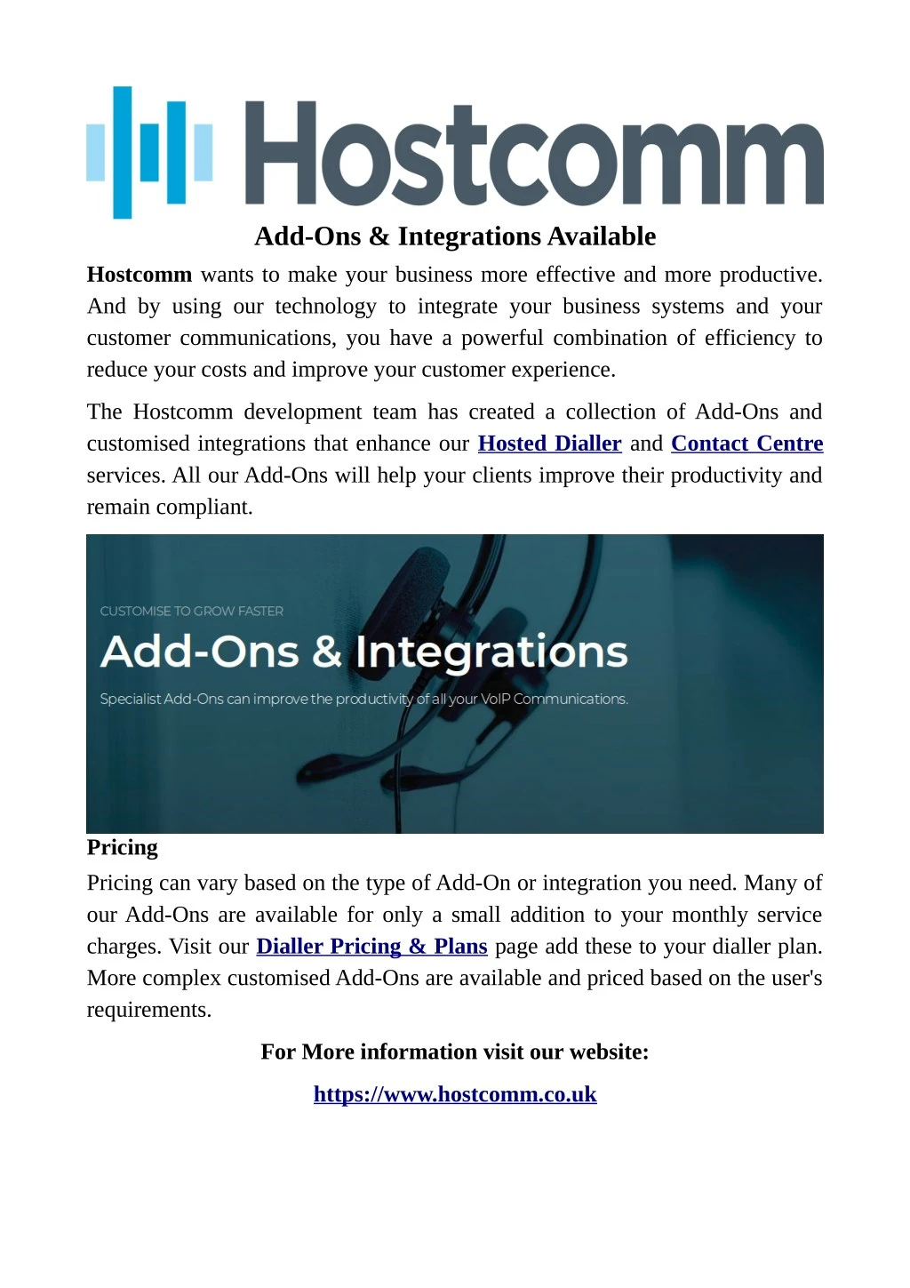 add ons integrations available hostcomm wants