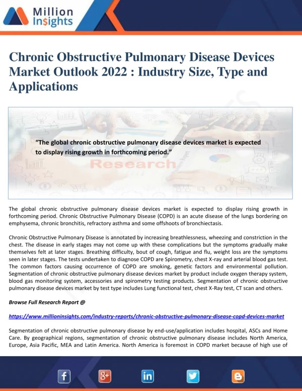 Chronic Obstructive Pulmonary Disease Devices Market Outlook 2022 : Industry Size, Type and Applications