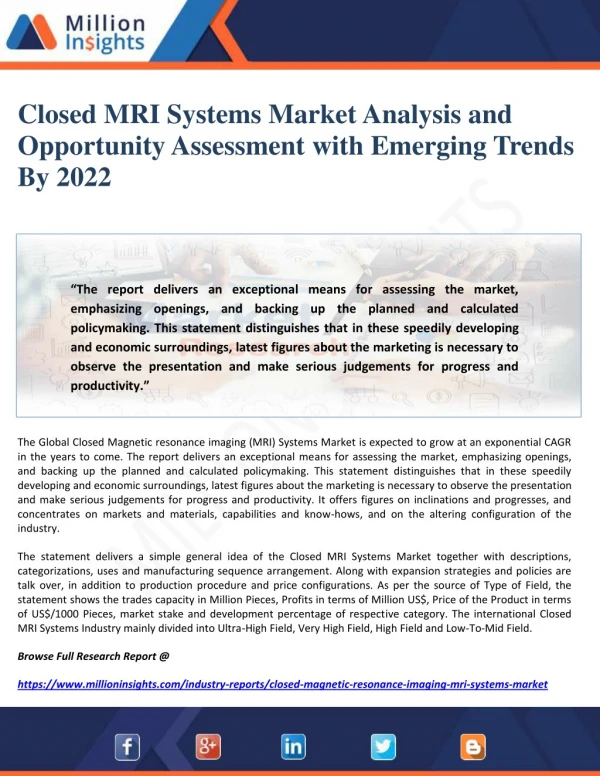 Closed MRI Systems Market Analysis And Opportunity Assessment With Emerging Trends By 2022